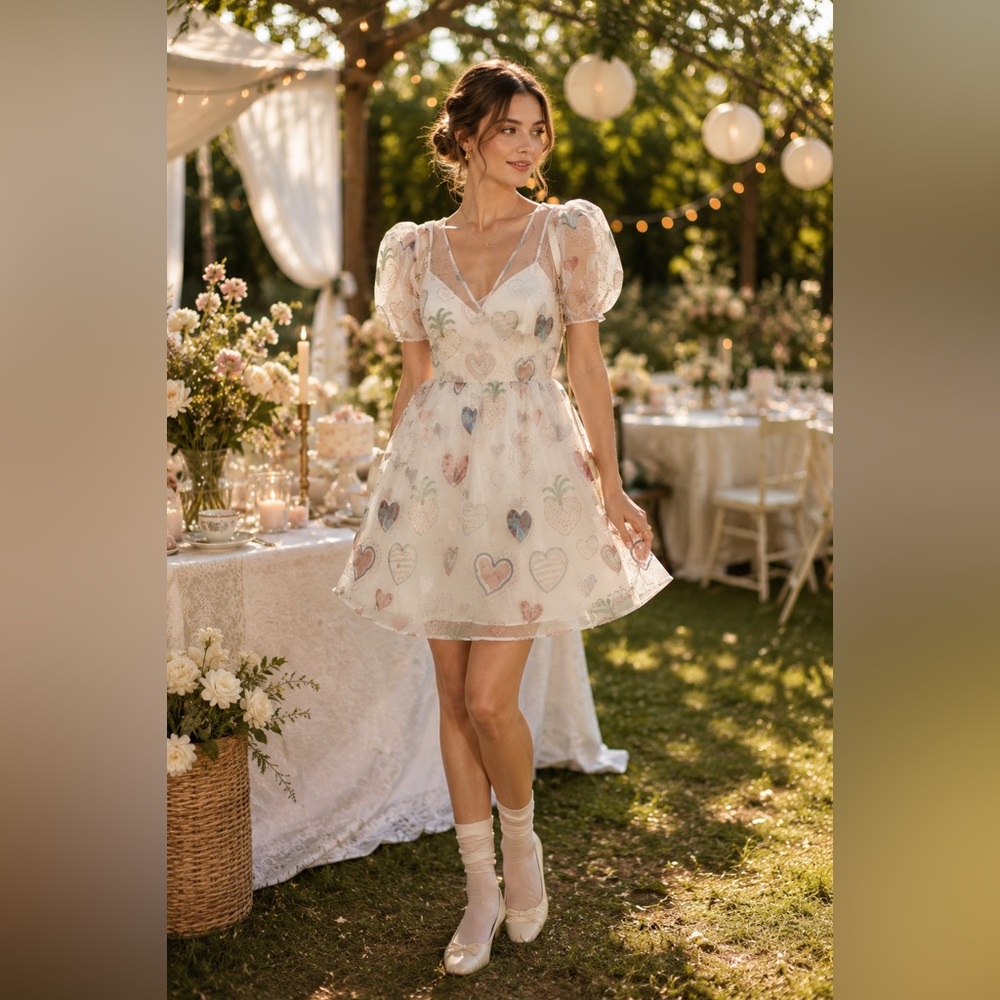 Farm Rio X Anthropologie Semi-Sheer Puff-Sleeve Dress